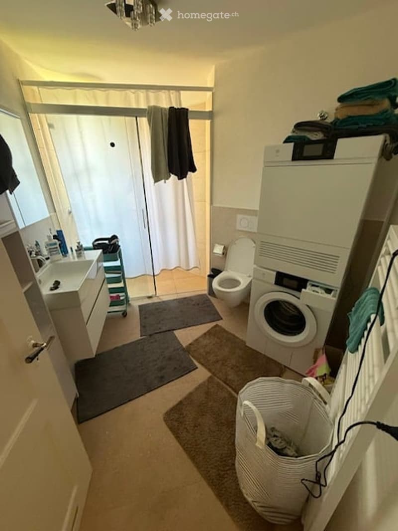 Bathroom with a sink, toilet, shower area with a curtain, washing machine, laundry basket, and towels on a rack.