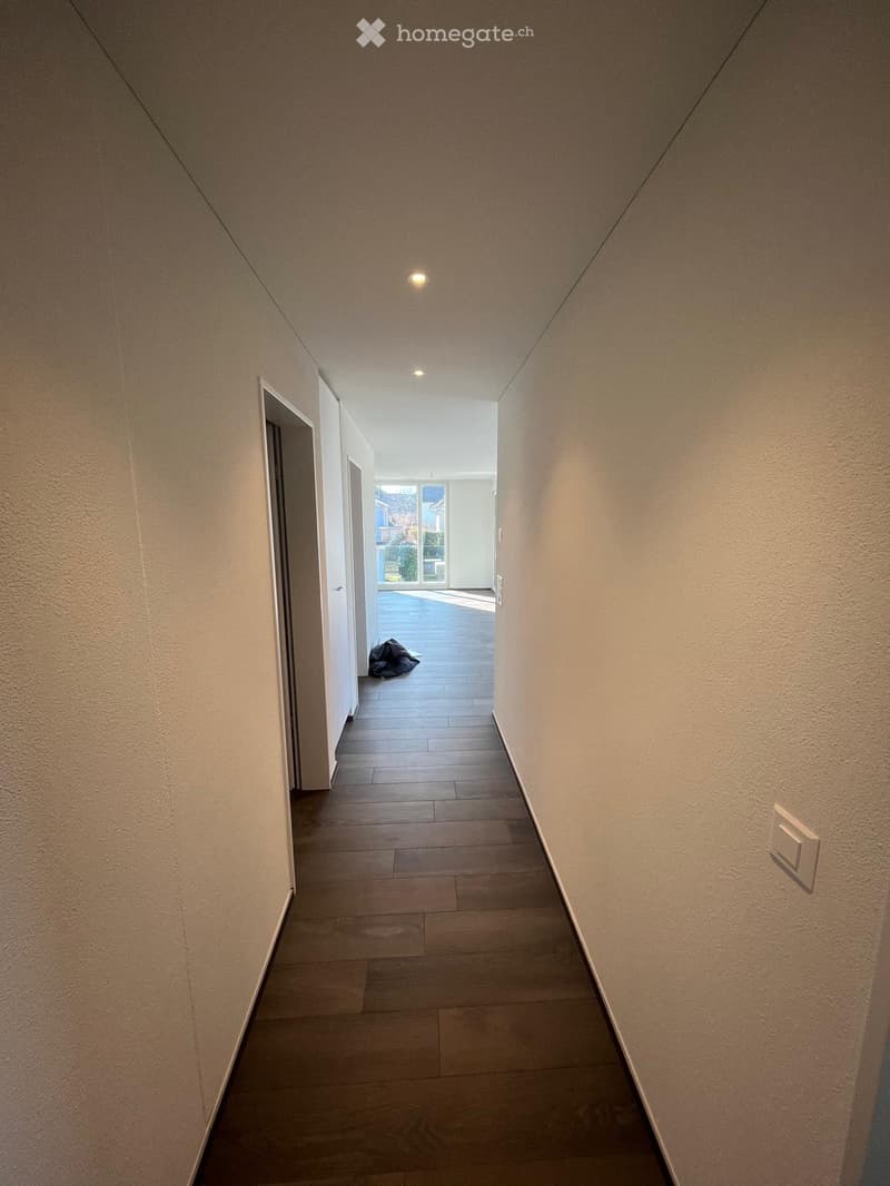 A long, narrow hallway with wooden flooring and white walls, leading to a bright open area with large windows and a view of the outside.