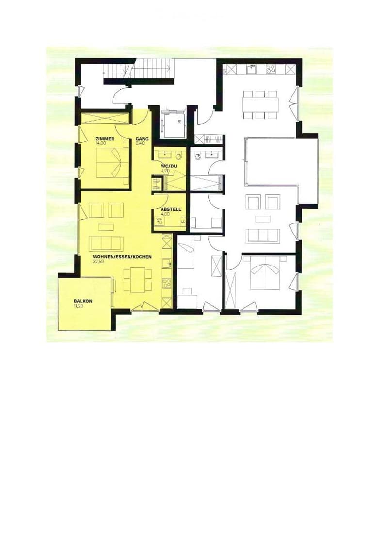 Floor plan showing a living/dining/kitchen area, bedroom, hallway, bathroom, storage room, and balcony.