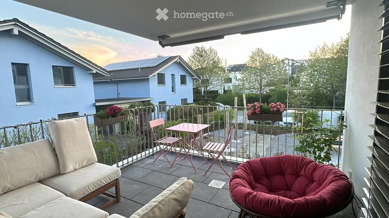 Balcony with a sofa, chairs, a small table, and flower pots, overlooking a residential area with houses and trees.