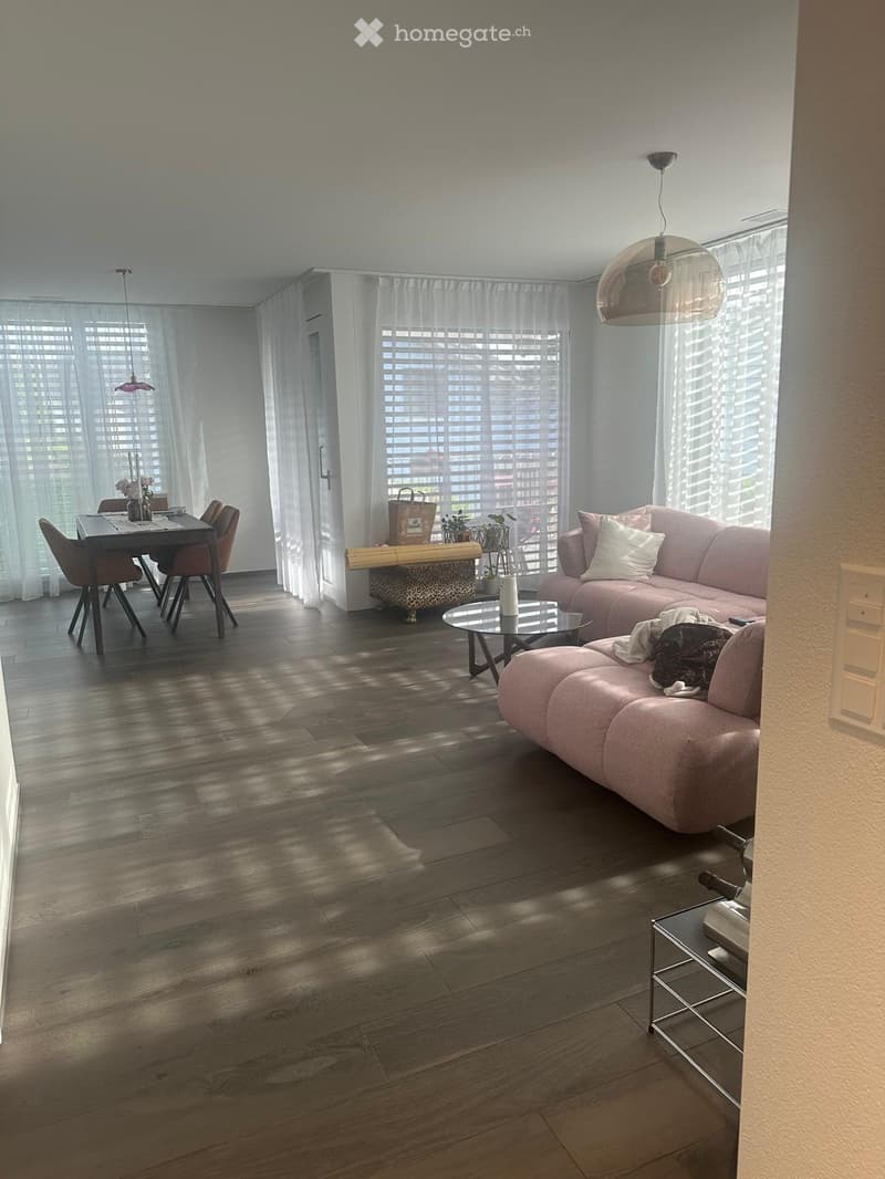 Modern living room with a pink sofa, glass coffee table, dining area, and large windows with blinds.
