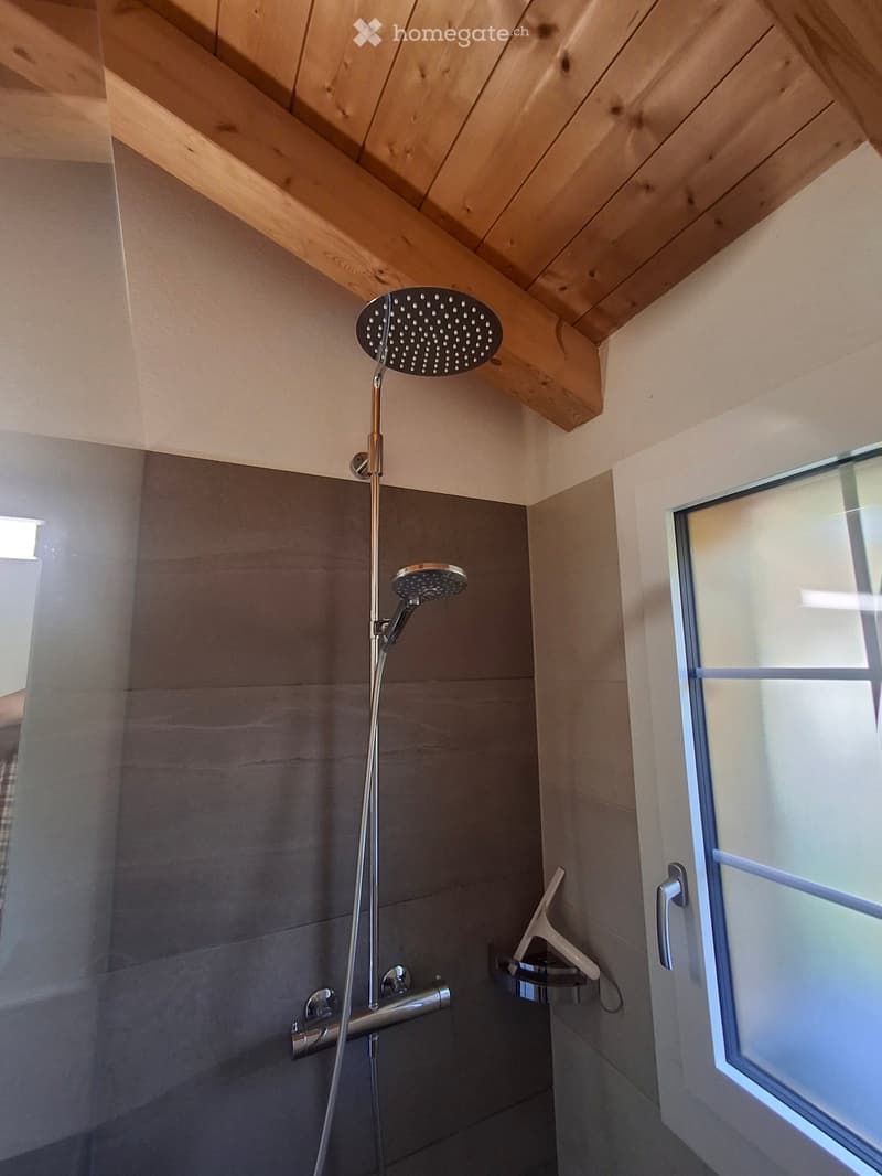 Modern shower area with a sleek, multi-function showerhead, a handheld shower hose, and a small shower rack holding a white plastic chair. The walls are tiled in a dark grey stone-like material, and the ceiling features exposed wooden beams.
