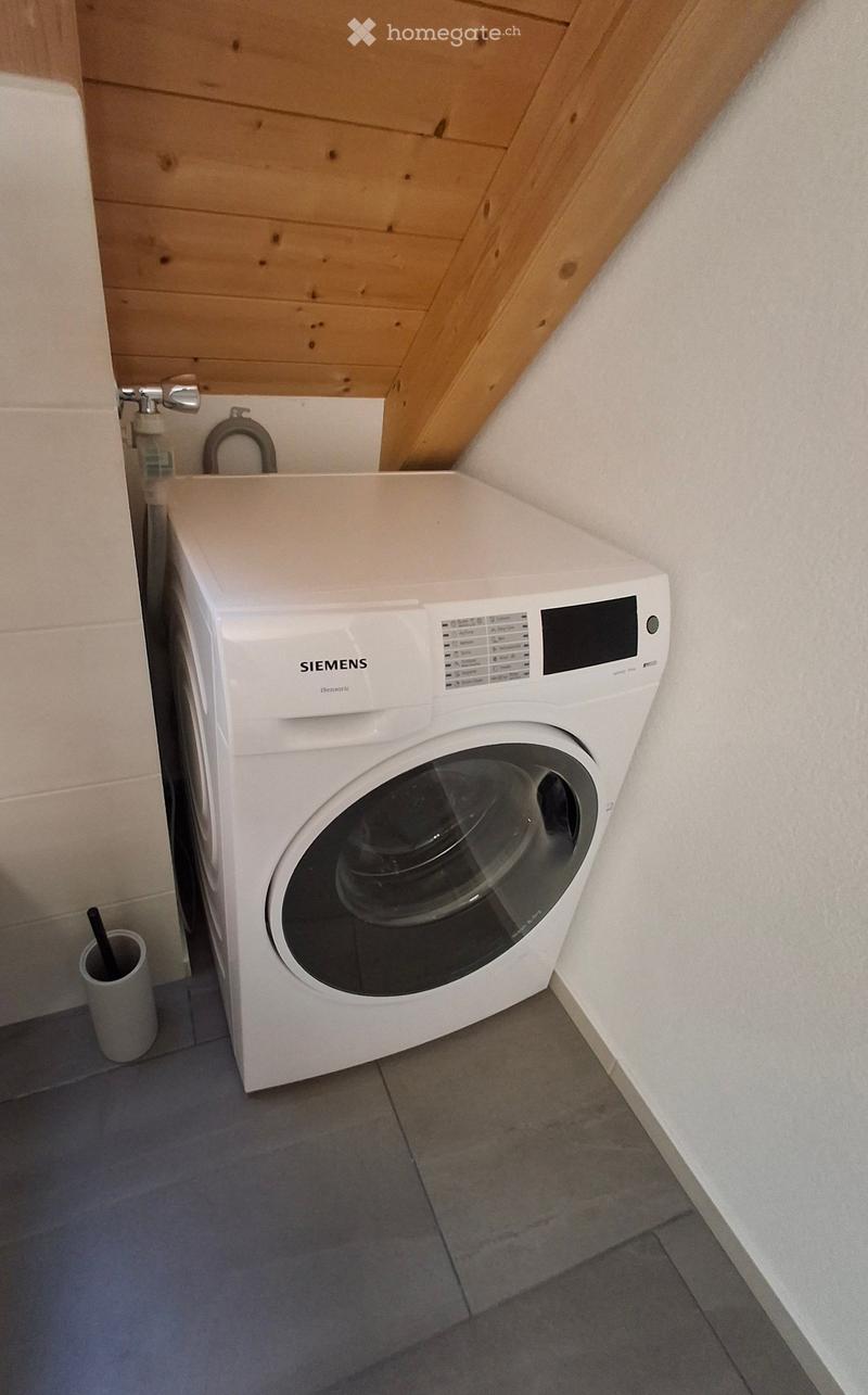 A corner bathroom with a white Siemens washing machine, a small cup on the floor, and a wooden slanted ceiling.