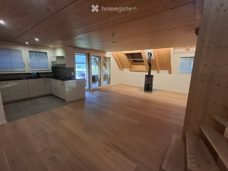 Open-plan space with a modern kitchen area featuring white cabinets, a sink, and a stove, connected to a living area with wooden flooring and a wood stove. Large windows and skylights provide natural light.