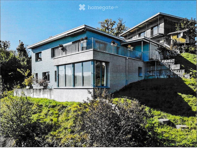 Modern two-story house with blue and grey exterior, large windows, balconies, and built on a hillside with surrounding greenery.