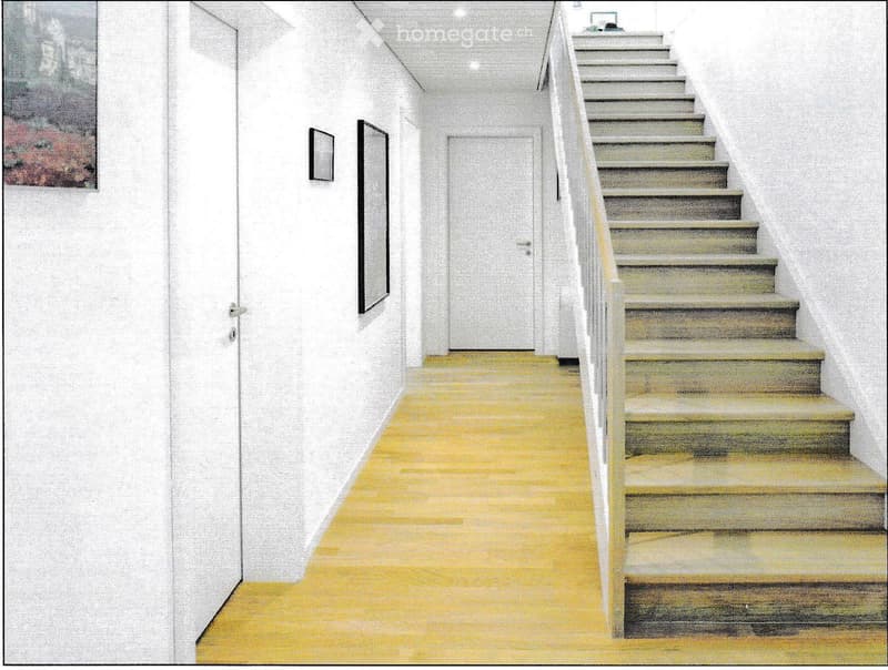 A modern hallway with a wooden floor, white walls, a staircase with a white railing, and a closed door at the end.