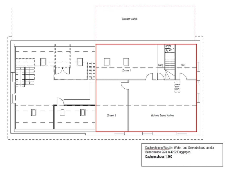 Floor plan of a roof apartment with living/dining/kitchen area, two bedrooms, bathroom, hallway, and outdoor seating area.