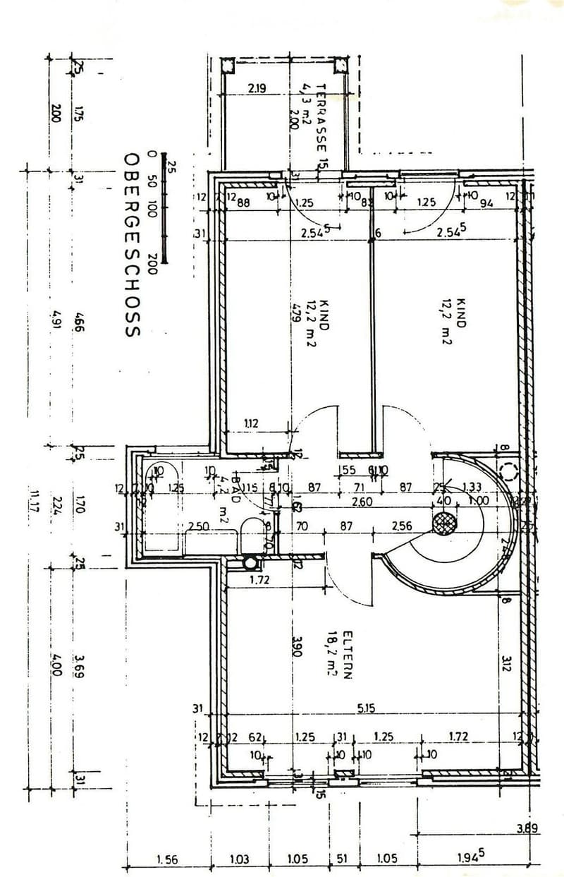 Floor plan of a residential space labeled "OBERGESCHOSS" (upper floor) showing rooms including a terrace, kitchen, and living area with dimensions and measurements.