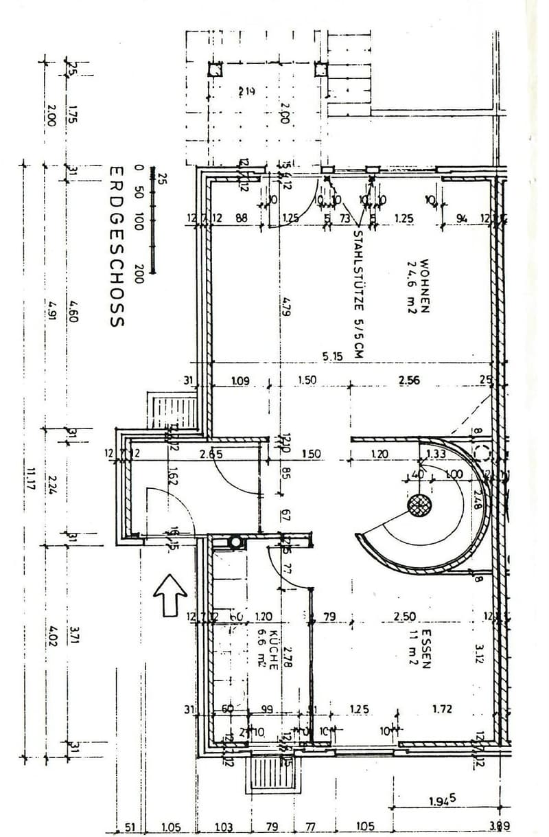 Floor plan of a residential space with labeled rooms including a kitchen, living area, and bedroom. Dimensions and measurements are provided for walls, doors, and other structural elements.