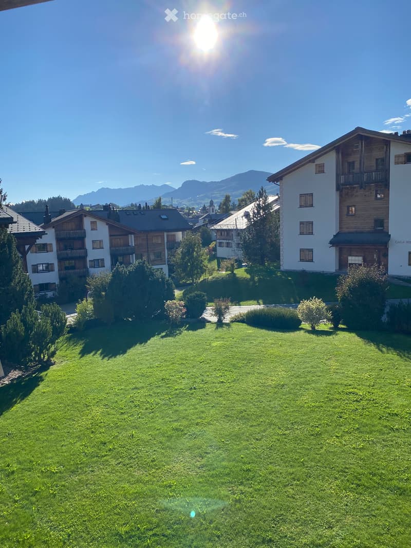 A well-maintained lawn with several trees and shrubs, surrounded by residential buildings and a scenic mountain backdrop.