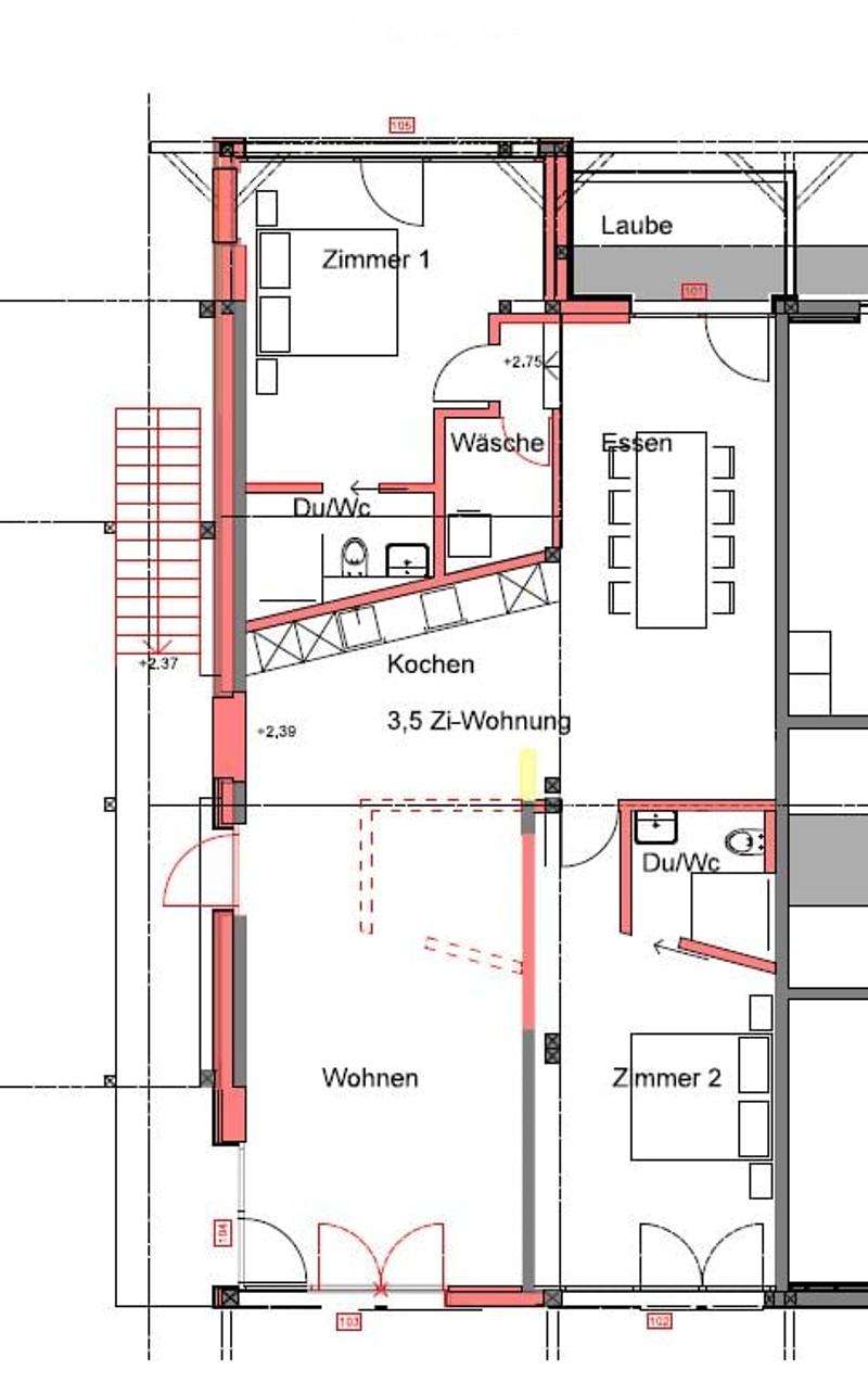 Floor plan of a 3.5-room apartment with labeled rooms including living area, kitchen, bathroom, and two bedrooms.