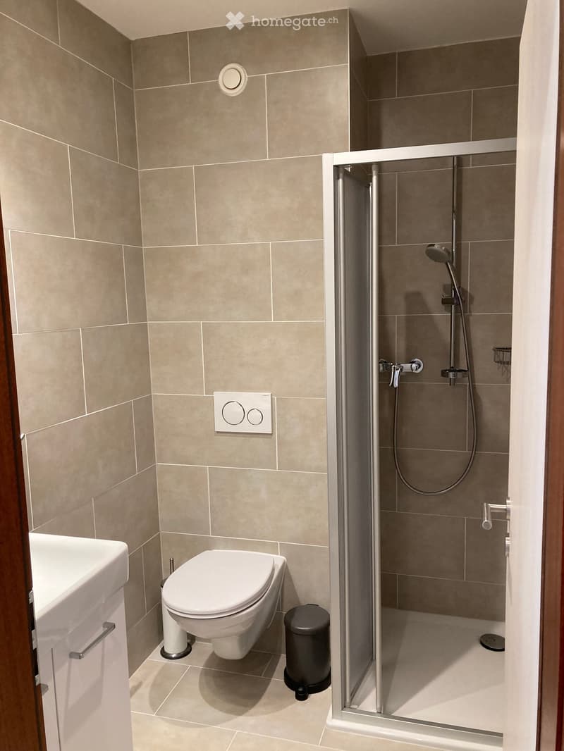 Modern bathroom with beige tiled walls and floor, featuring a toilet, sink, and a glass-enclosed shower with a handheld showerhead.
