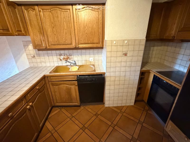 Kitchen with wooden cabinets, tiled walls, a double sink, and built-in appliances including a dishwasher and oven.