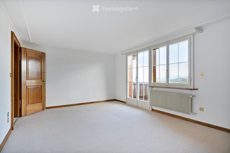 Empty room with white walls, carpeted floor, large windows, and a radiator. No furniture or equipment present.