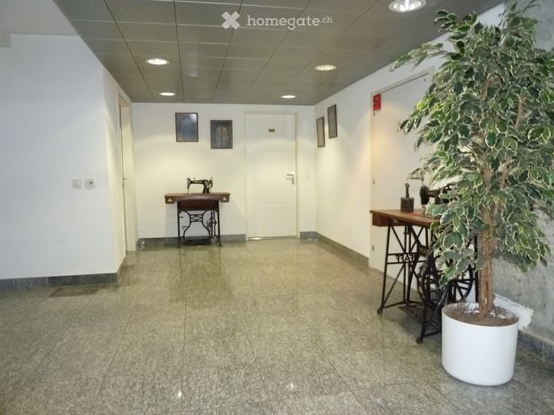 A well-lit hallway with a polished tile floor, white walls, and a central door. Two sewing machines are placed on tables on either side, accompanied by chairs. A large potted plant is positioned near the right wall, and several picture frames are mounted