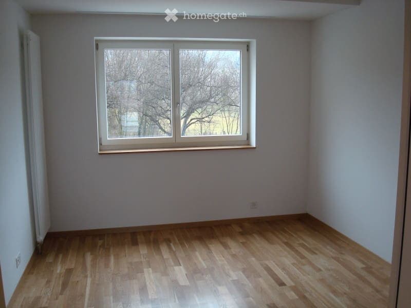 empty room with white walls, wooden floor, large window with view of tree outside