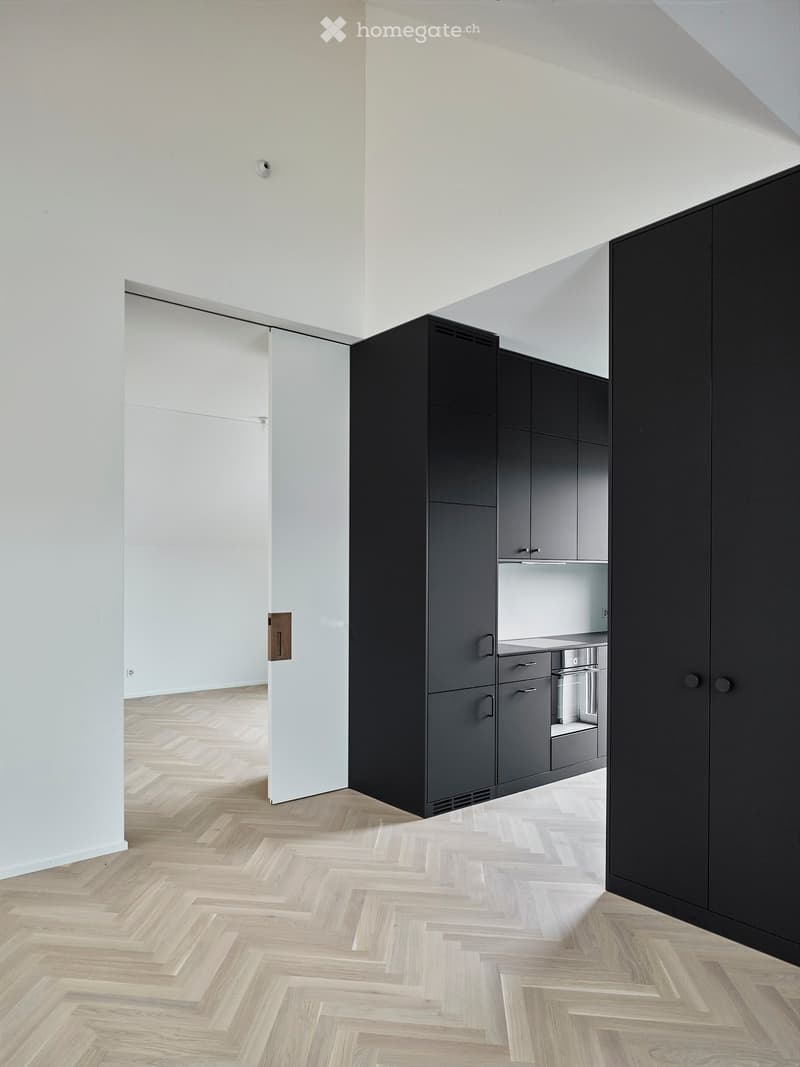 Empty room with light-colored walls, herringbone wooden flooring, and black cabinetry along one wall. No furniture or personal items are present.