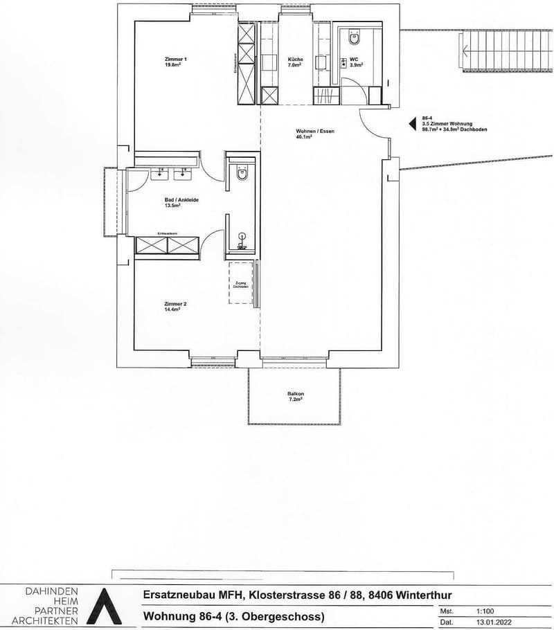 Floor plan of a 3.5-room apartment with living/dining area, two bedrooms, kitchen, bathroom, and balcony.
