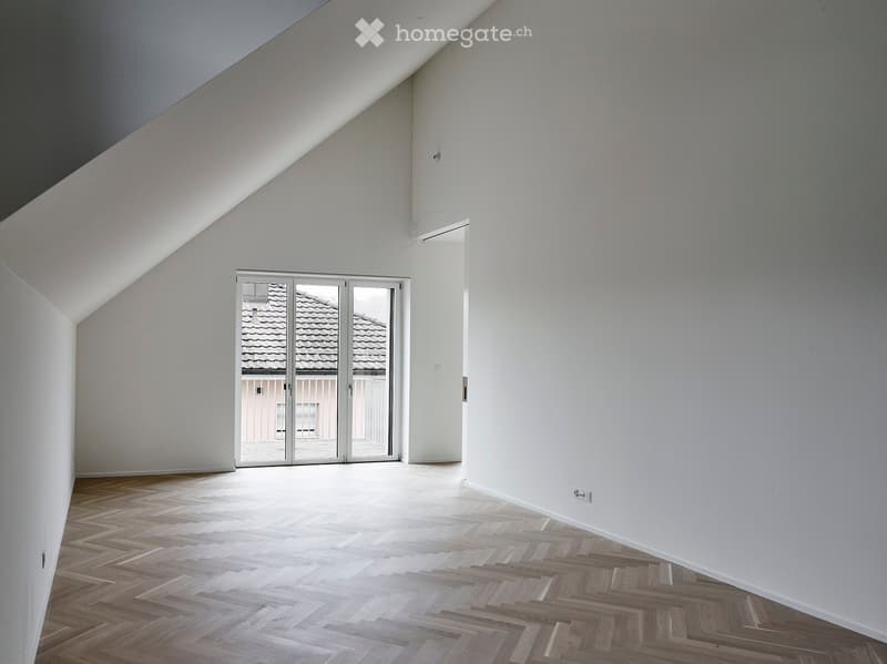 Empty attic room with wooden herringbone flooring, white walls, and a large skylight. A sliding glass door leads to an outdoor area.