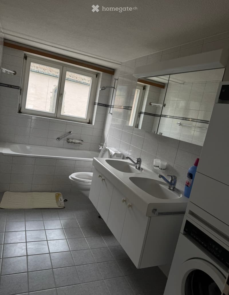Bathroom with a bathtub, toilet, sink, mirror, and a washing machine. The room features tiled walls and floor, a window, and a towel on the floor.