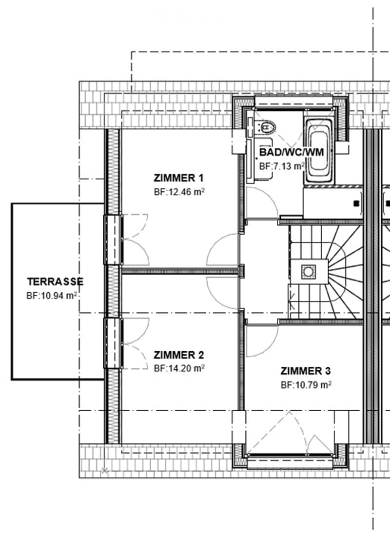 Floor plan showing three rooms, a bathroom, and a terrace. Room 1 is 12.46 m², Room 2 is 14.20 m², Room 3 is 10.79 m², and the bathroom is 7.13 m². The terrace is 10.94 m².