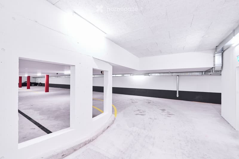 Empty underground parking area with white walls, concrete floor, red support pillars, and yellow parking lines.