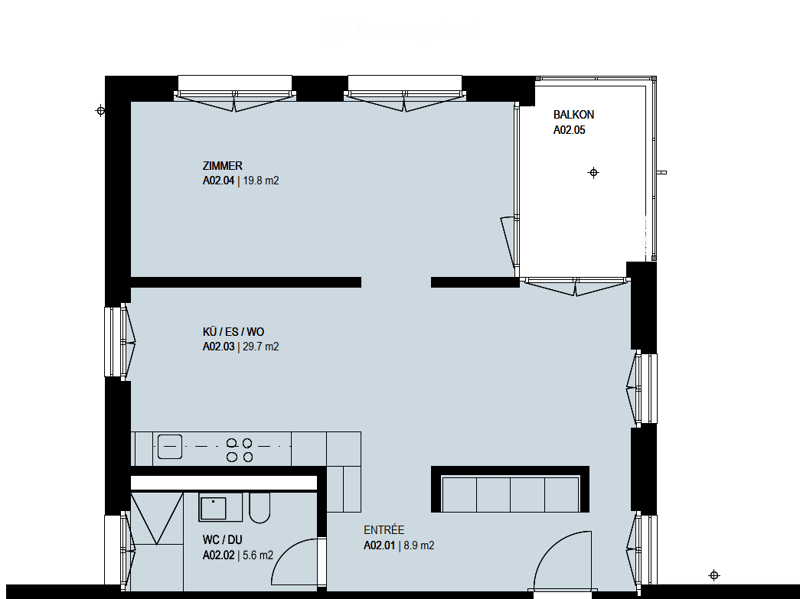 Floor plan showing a room (19.8 m²), kitchen/dining/washroom area (29.7 m²), entrance (18.9 m²), bathroom (15.6 m²), and a balcony.
