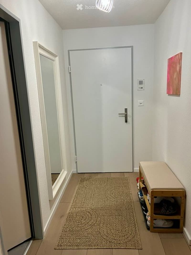 A narrow hallway with a wooden floor, a white door at the end, a small bench with shoes, and a woven area rug.