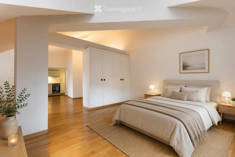 Modern bedroom with a large bed, nightstands, lamps, a picture frame on the wall, a tall wardrobe, and a small plant in a vase. The room features wooden flooring and a neutral color palette.