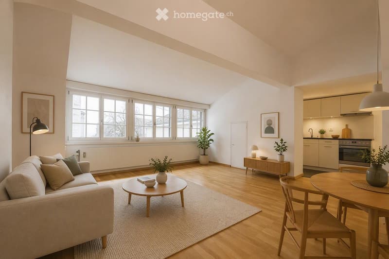 Bright, open living space with wooden flooring, large windows, a sofa, coffee table, dining table with chairs, kitchen area with cabinets and oven, and decorative plants.