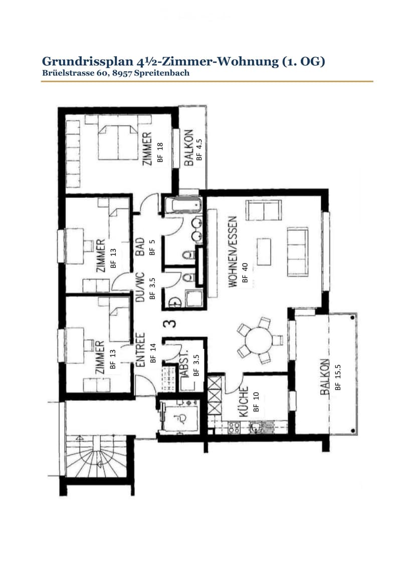 Floor plan of a 4.5-room apartment on the first floor, including living room, kitchen, 2 bedrooms, bathroom, and balcony.