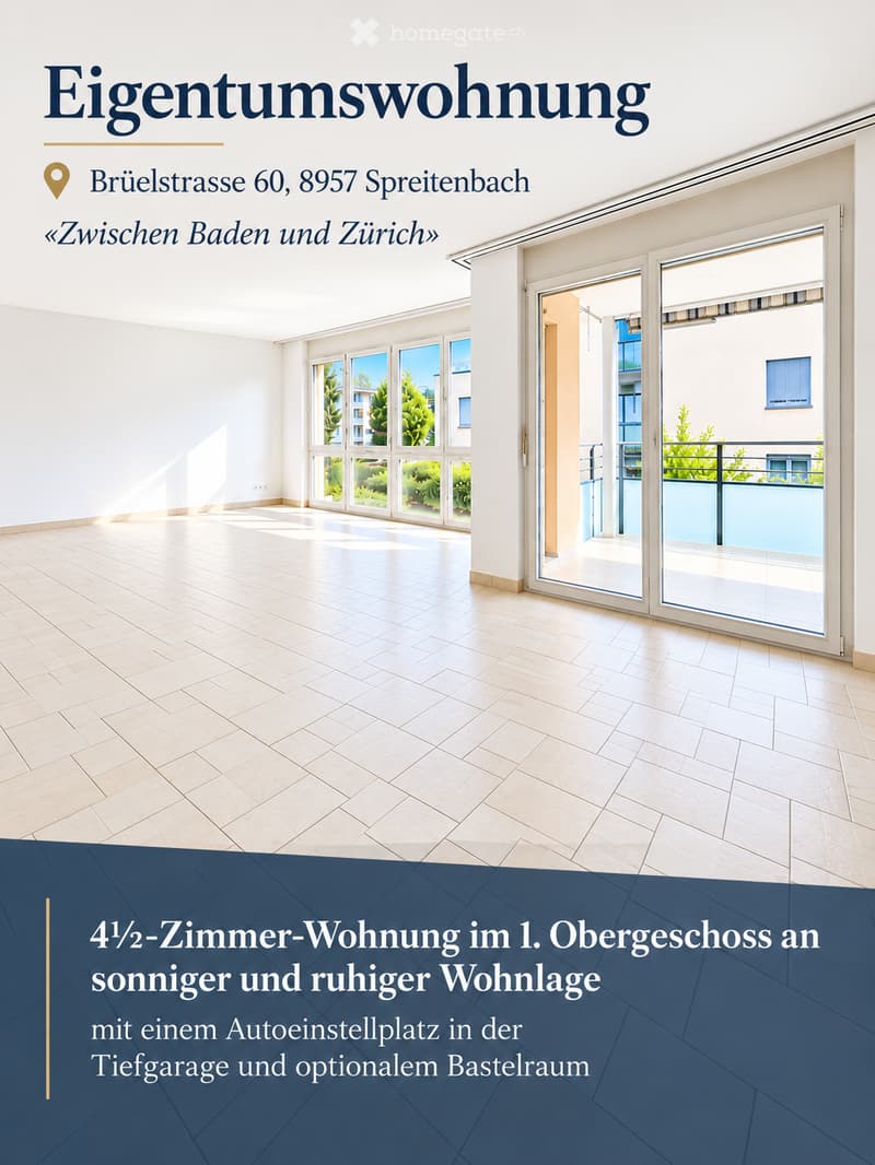 Empty room with light-colored tiled flooring, large windows, and sliding glass doors leading to a balcony area.