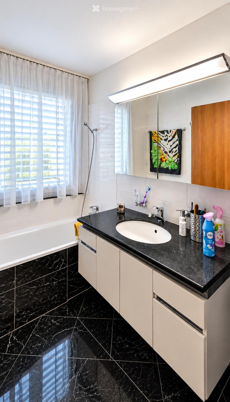 Modern bathroom with black marble tiles, white cabinets, a large sink, a bathtub, and a shower area. The space includes a mirror, a toothbrush holder, and a painting on the wall.