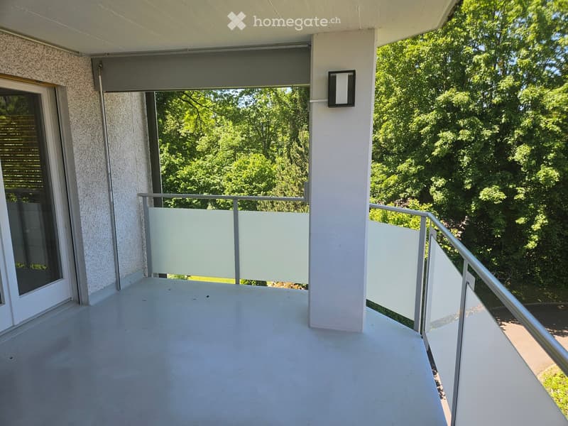 Balcony with white floor, metal railing, and large windows overlooking a green, tree-filled area.