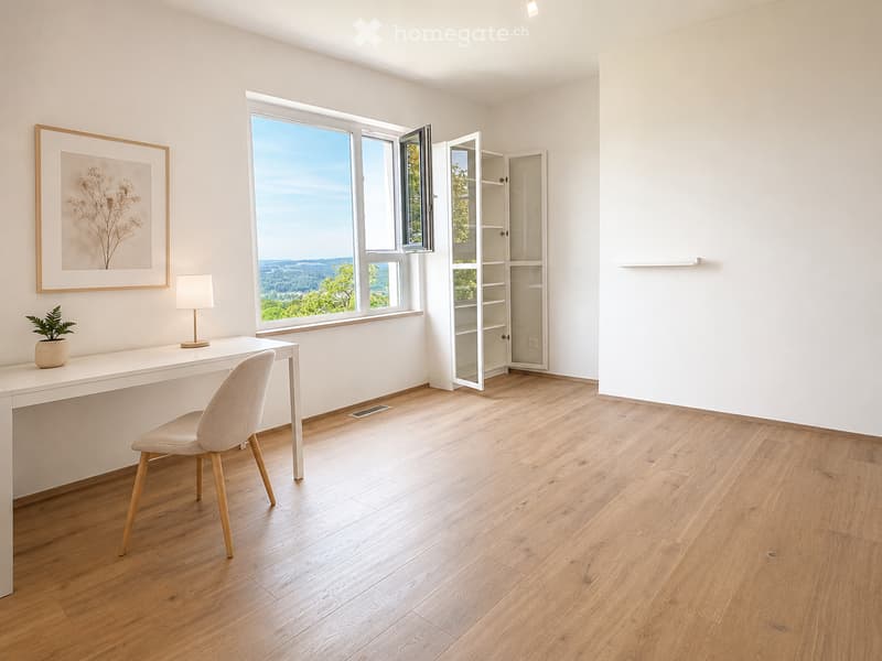 Bright, minimalist room with wooden flooring, large window offering scenic view, modern chair, desk, lamp, small plant, and open cabinet.