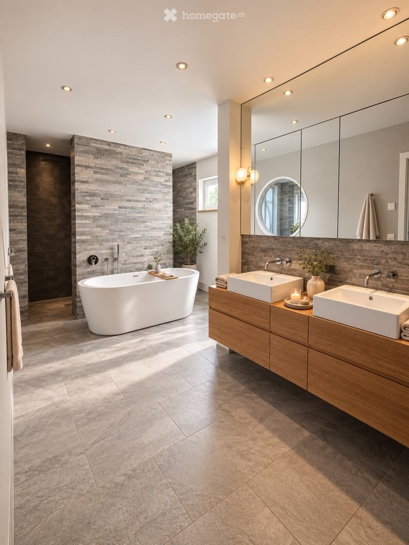 Modern bathroom with a freestanding bathtub, double sink vanity with wooden cabinetry, large mirror, and decorative plants.