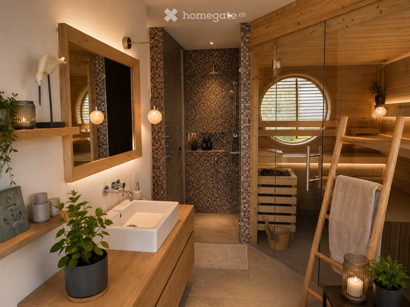Modern bathroom with wooden sauna area, sink, mirror, and decorative plants.