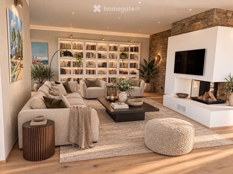 Modern living room with a stone fireplace, sectional sofa, coffee table, armchairs, ottoman, bookshelf, and decorative items.