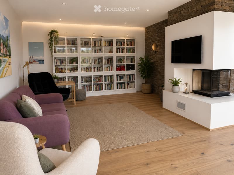 Modern living room with a purple sofa, armchair, coffee table, bookshelf, fireplace, and television. Wooden flooring and a large area rug.