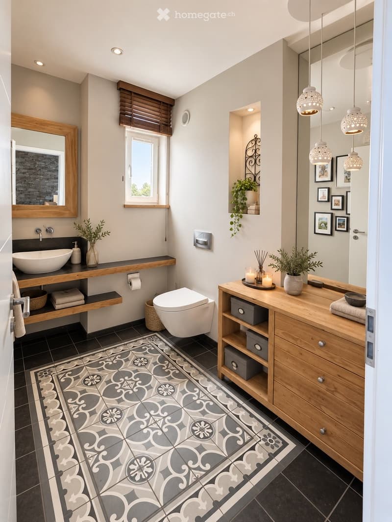 Modern bathroom with a large sink, toilet, wooden vanity, decorative tiles, and potted plants.