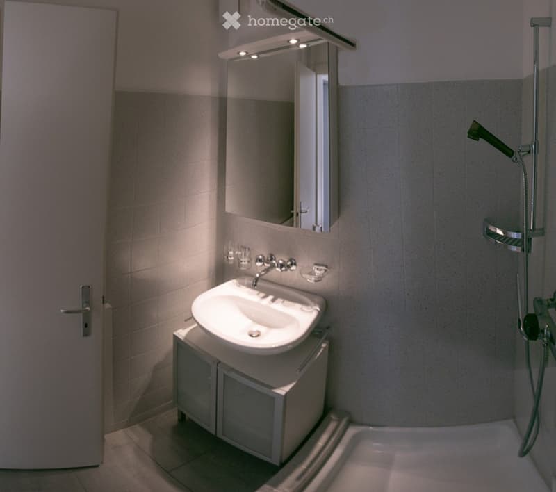 Modern bathroom with a white sink, mirror, bathtub, and showerhead. Features a built-in cabinet under the sink and a sleek, contemporary design.
