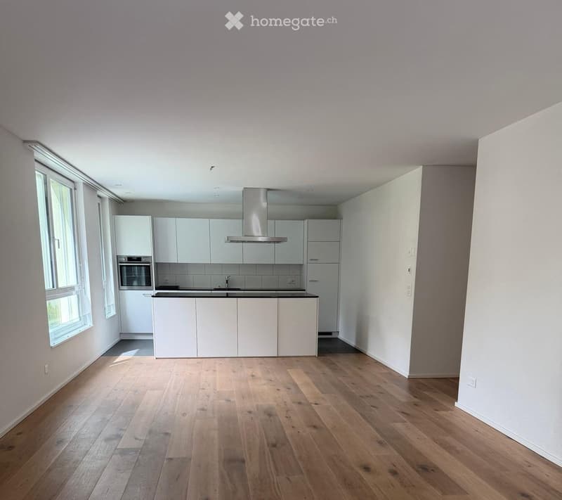 Modern kitchen with white cabinets, stainless steel appliances, and wooden flooring.