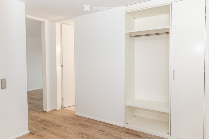 Empty room with white walls, wooden flooring, and a built-in closet with shelves and a hanging rod. No furniture or personal items are present.
