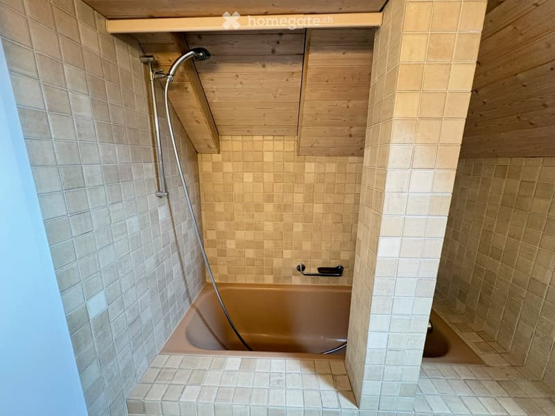 Modern bathroom with a bathtub, handheld showerhead, and a handrail for safety. The walls and floor are tiled in a light beige color, and the ceiling features wooden paneling.
