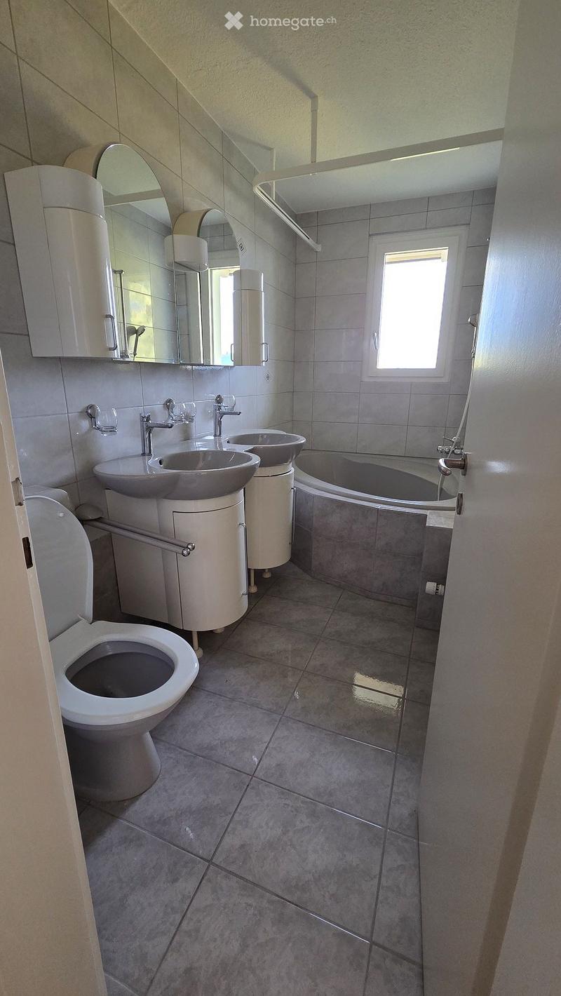 Modern bathroom with grey tiled walls and floor, featuring a toilet, double sink, bathtub, and large mirror above the sinks.