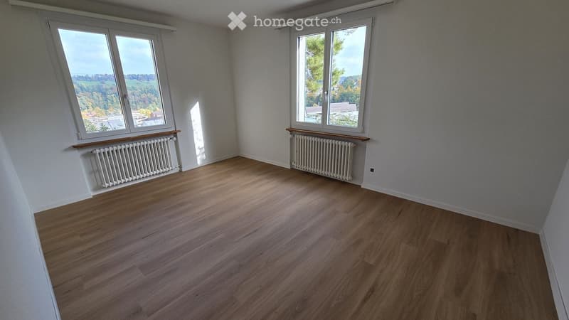 Empty room with wooden flooring, white walls, and large windows offering a scenic view. Radiators are present under the windows.