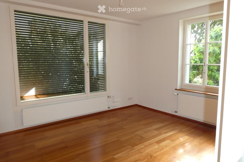 Empty room with wooden flooring, white walls, large windows with blinds, and radiators beneath the windows.