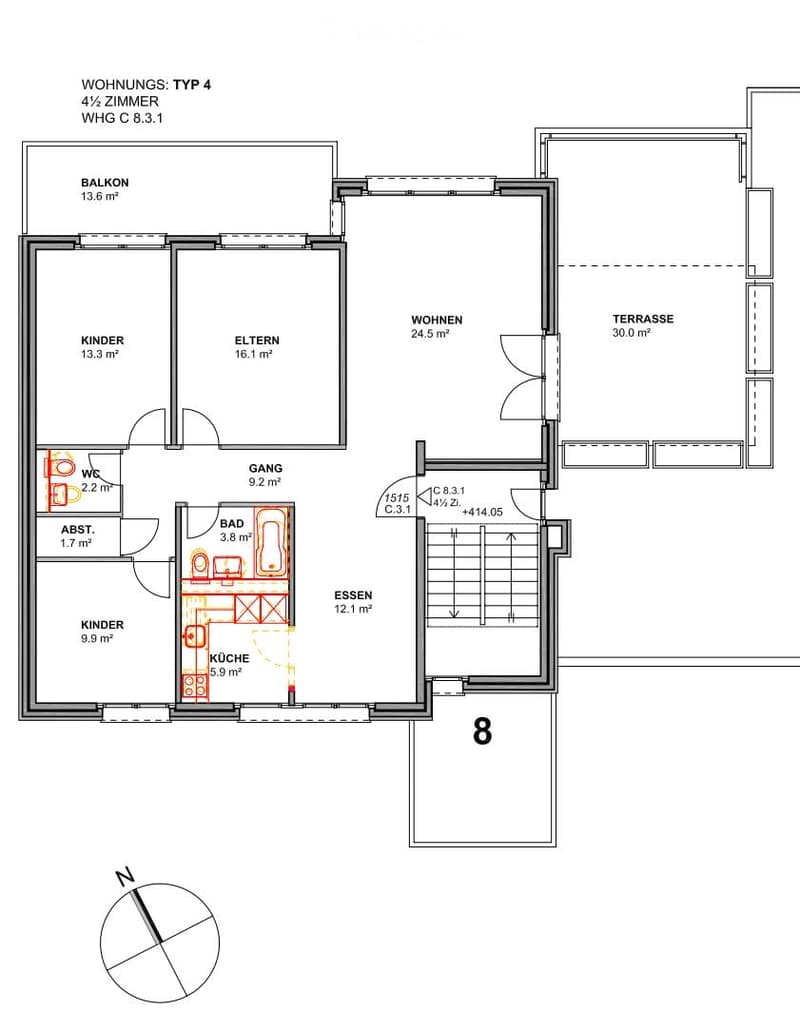 Floor plan of a 4-room apartment with living room, dining area, kitchen, two bedrooms, bathroom, hallway, and balcony.