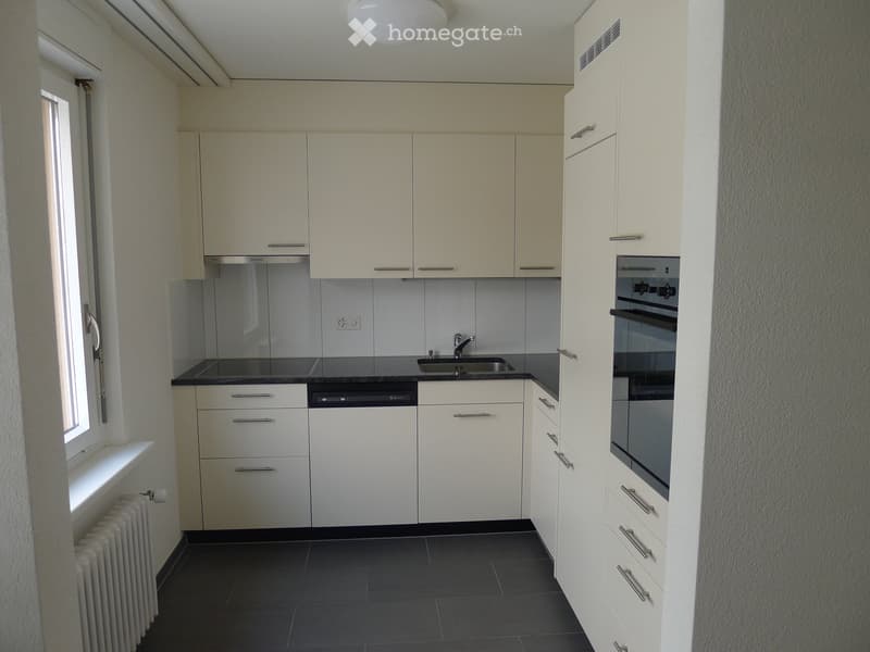 Modern kitchen with white cabinets, black countertops, stainless steel sink, and built-in oven and dishwasher.