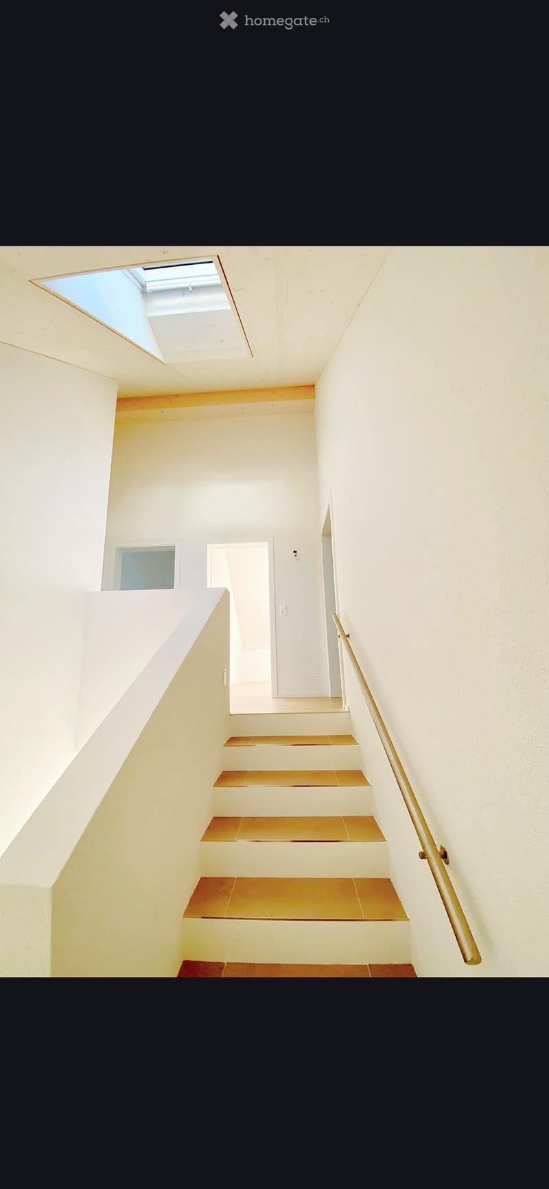 Modern staircase with white walls, wooden steps, and a brass handrail, leading to an open area with a skylight above.